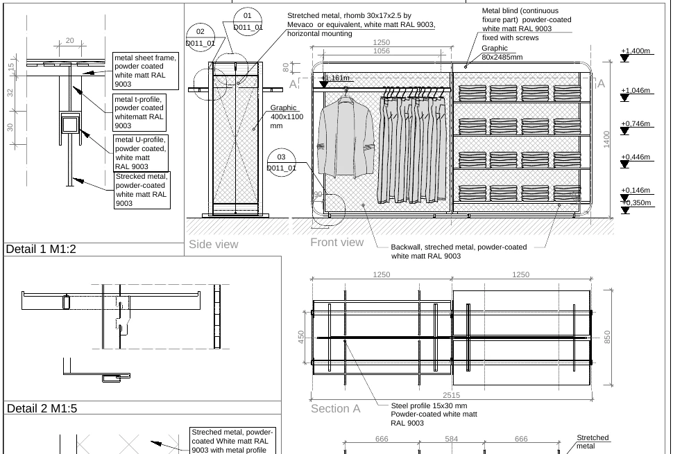 English-language technical drawing of a double-sided retail gondola with front and side views, metal-mesh construction details, and dimensions; identifying title block omitted