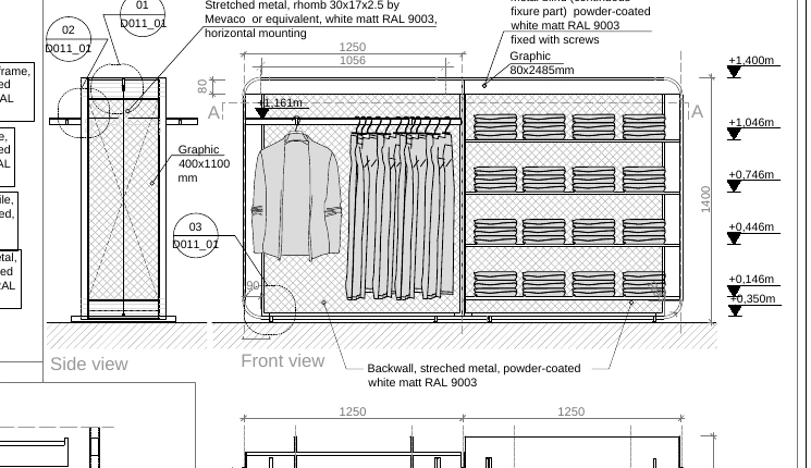 English-language technical drawing of a double-sided retail gondola with front and side views, metal-mesh construction details, and dimensions; identifying title block omitted
